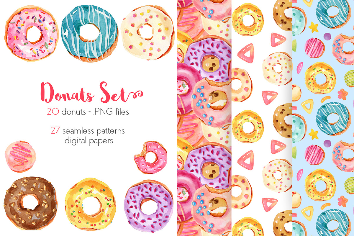 Watercolor Donuts Set in Illustrations - product preview 8