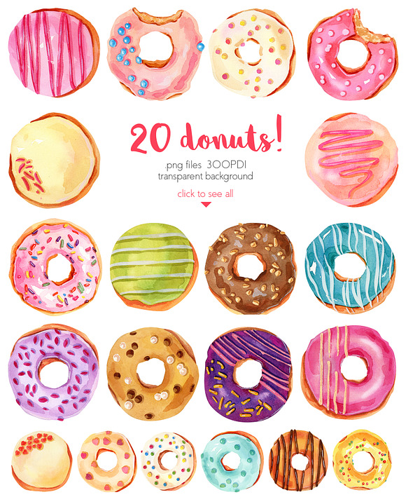 Watercolor Donuts Set in Illustrations - product preview 1