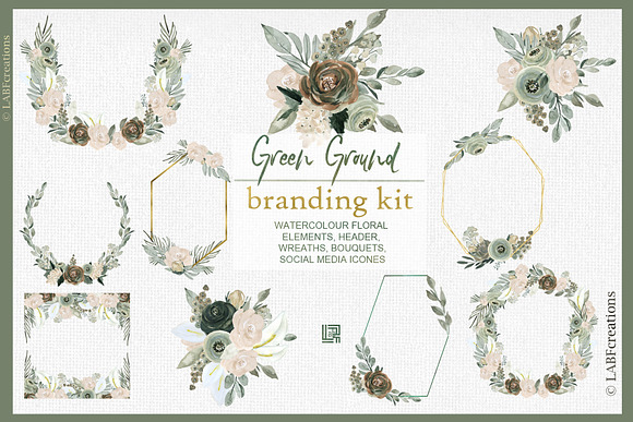 Green ground. Watercolor flowers in Illustrations - product preview 4