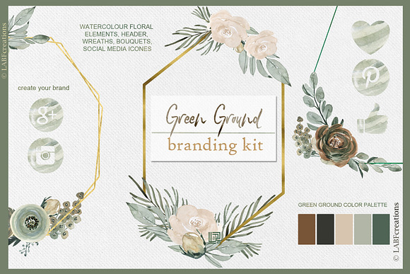 Green ground. Watercolor flowers in Illustrations - product preview 7