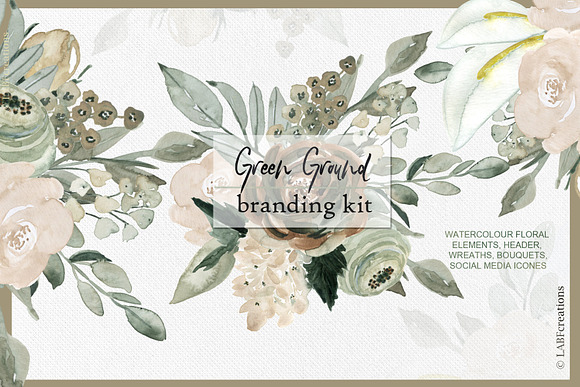 Green ground. Watercolor flowers in Illustrations - product preview 9