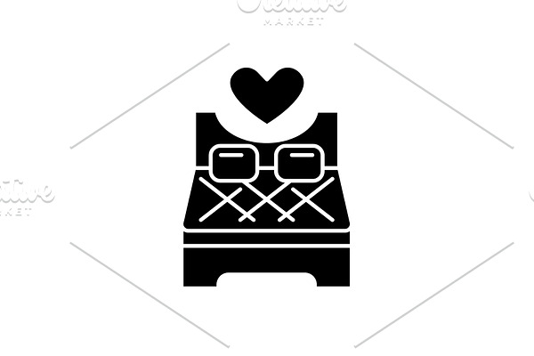 Bed for lovers black icon, vector