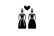 Lesbian marriage black icon, vector
