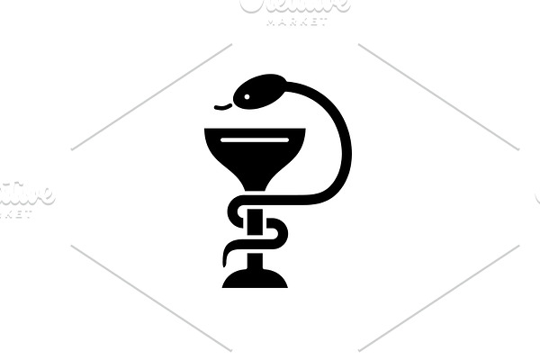 Bowl with a snake black icon, vector