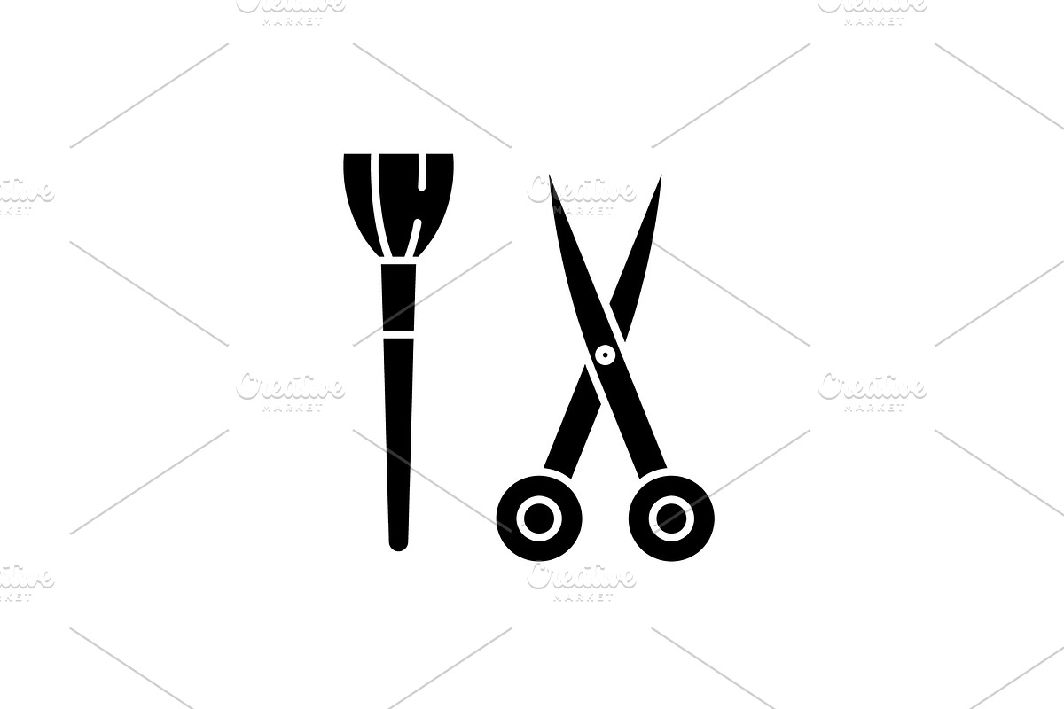 Scissors and visagiste brush black in Illustrations - product preview 8