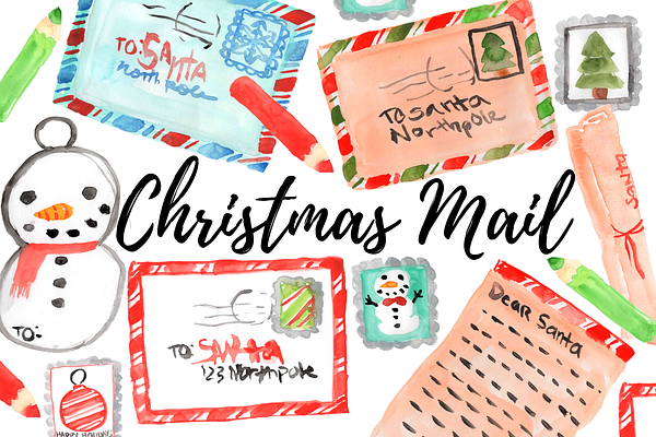 Watercolor Christmas Mail Clipart