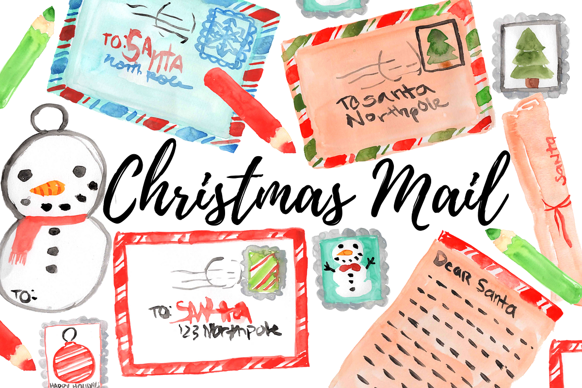 Watercolor Christmas Mail Clipart in Illustrations - product preview 8