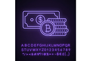 Bitcoin coins and dollar neon icon