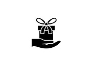 Gift in hand black icon, vector sign