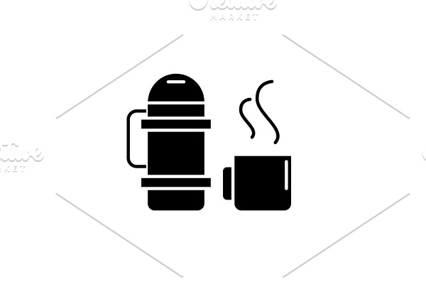 Thermos and mug black icon, vector