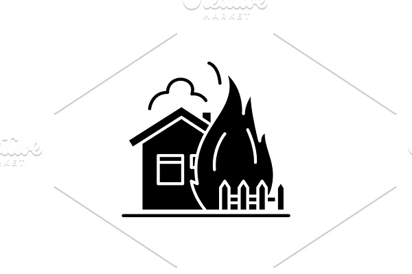 House fire black icon, vector sign