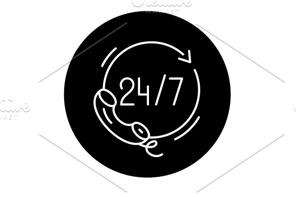 24 hours support black icon, vector
