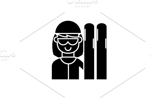 Skier black icon, vector sign on