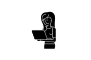 Girl with laptop black icon, vector
