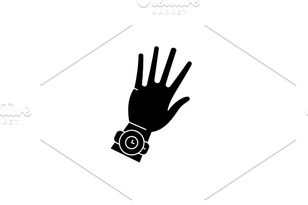 Watch on hand black icon, vector