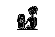 Mom and daughter black icon, vector