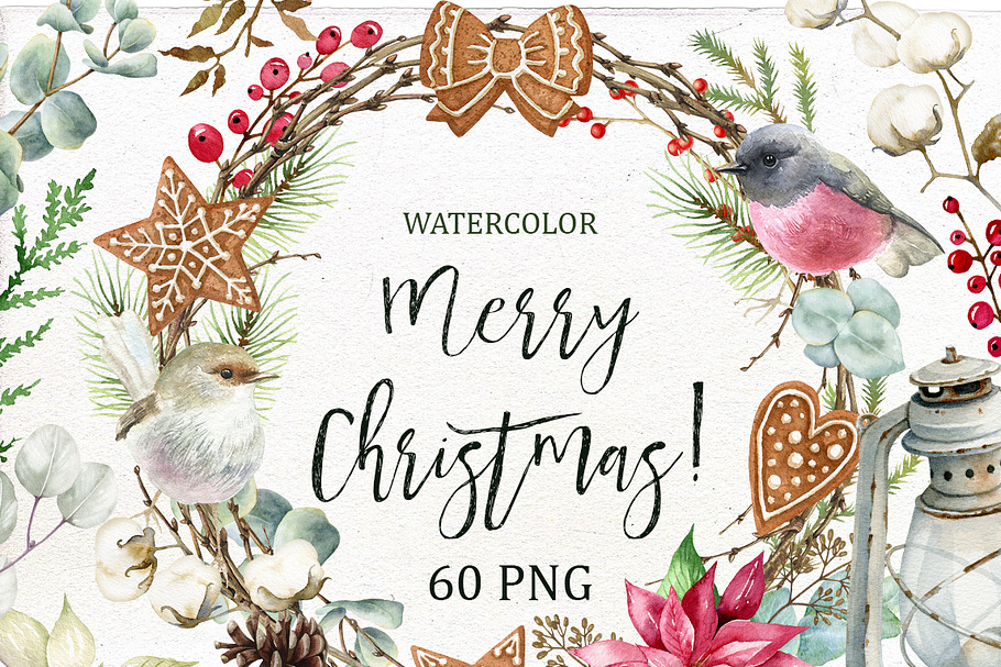 Watercolor Merry Christmas Clipart.