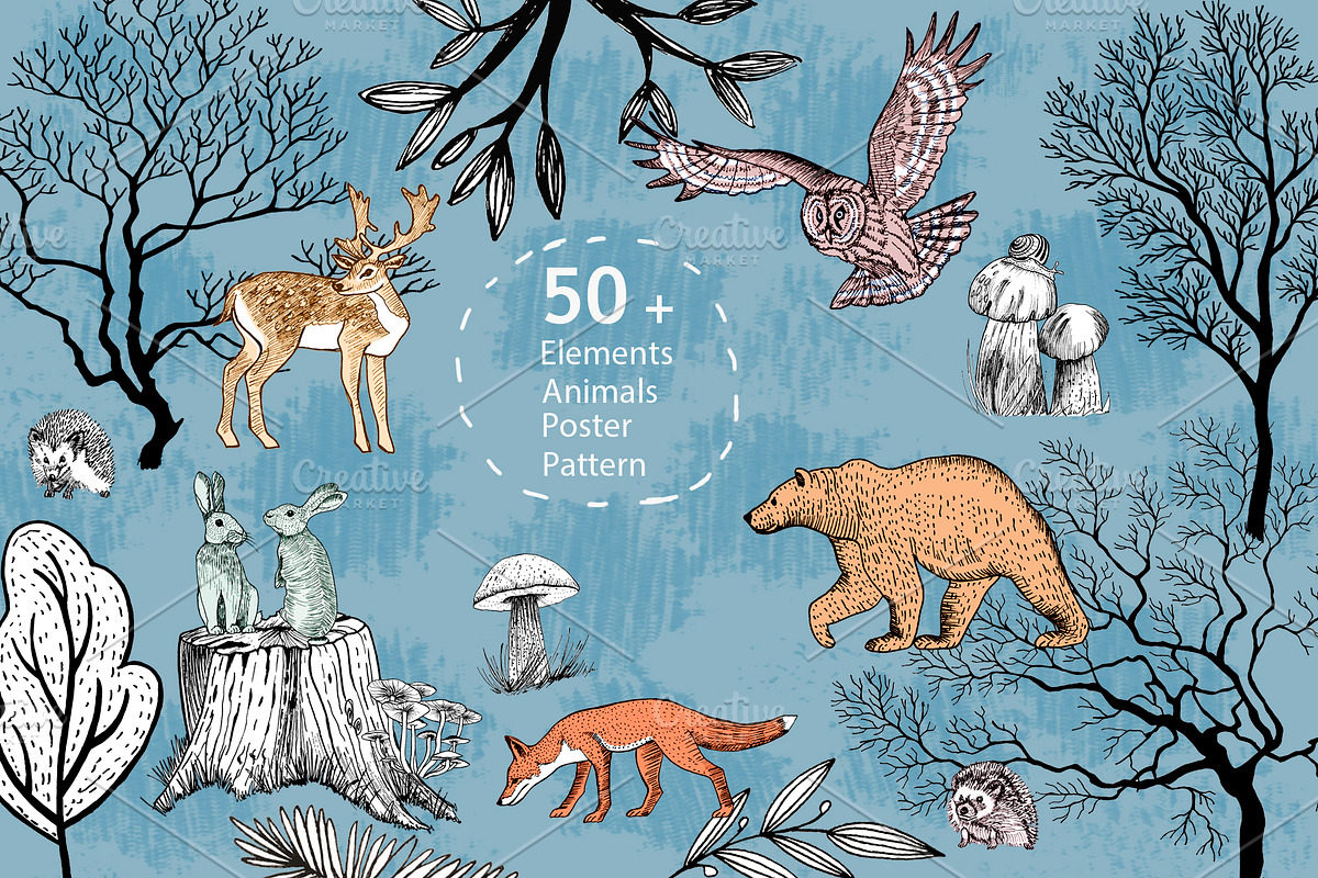 Forest animals, trees, mushrooms. in Illustrations - product preview 8