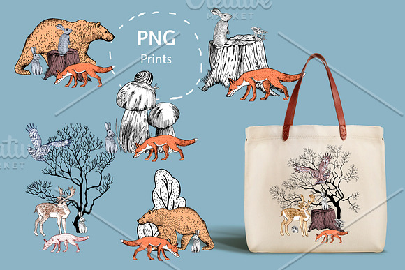 Forest animals, trees, mushrooms. in Illustrations - product preview 3