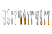 Set BBQ utensils. Spatula, fork