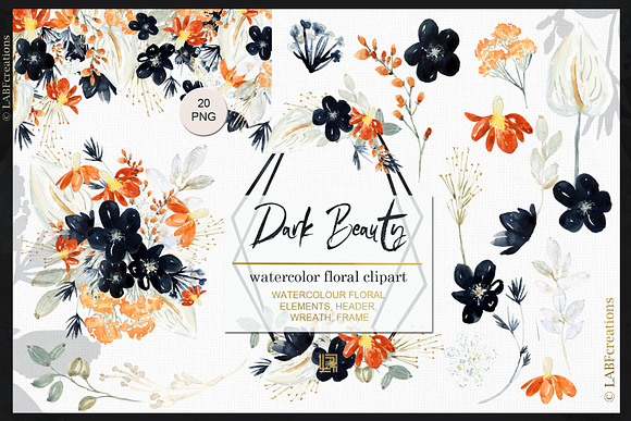 Dark Beauty. Watercolor flowers in Illustrations - product preview 3