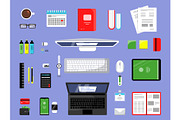 Office items top view. Business and