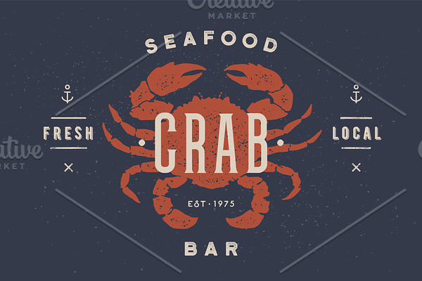 Crab, seafood. Vintage icon crab