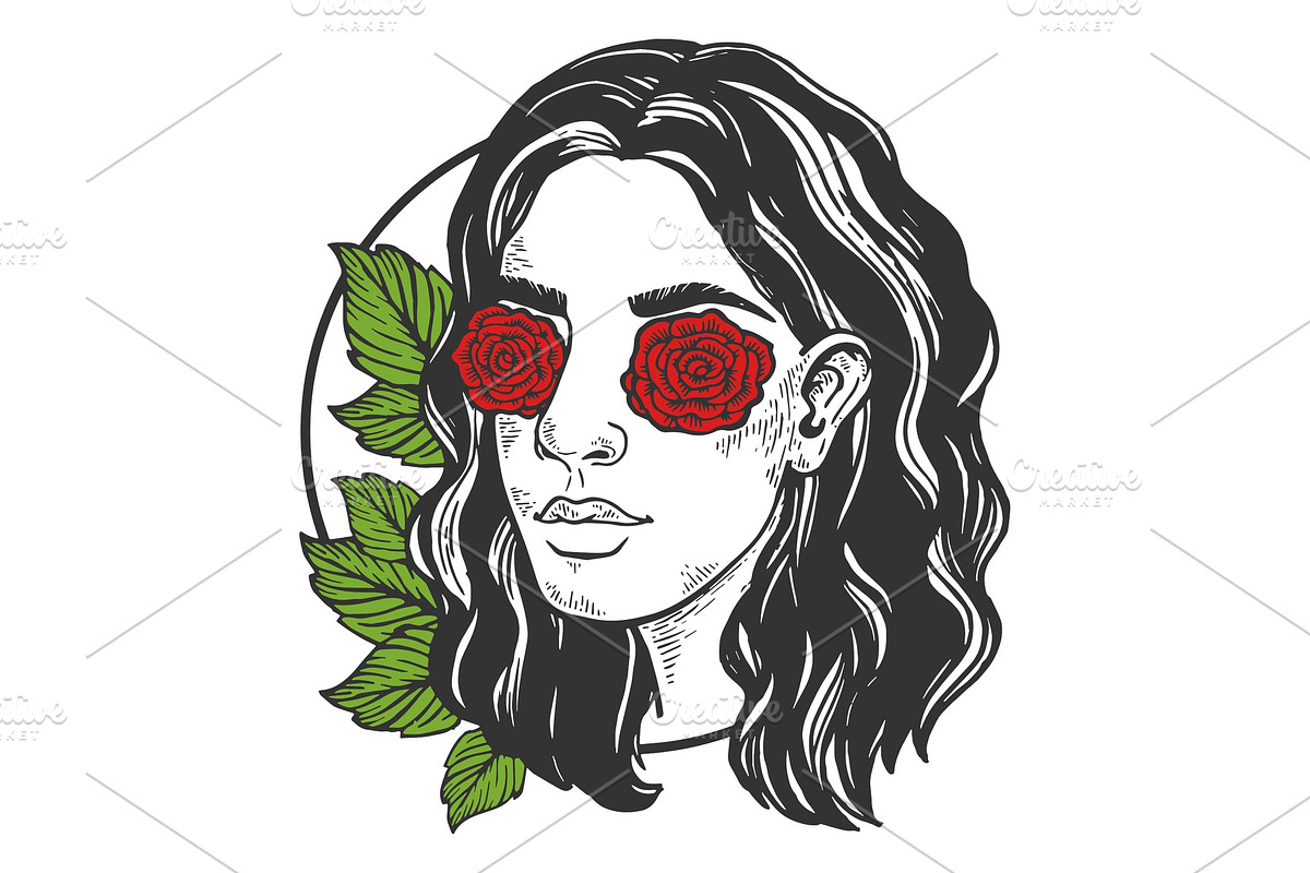 Woman with eye roses engraving in Illustrations - product preview 8