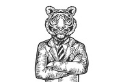 Tiger businessman engraving vector