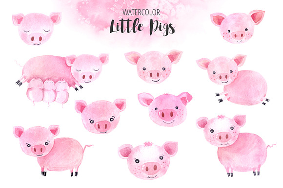 Watercolor Little Pigs Set in Graphics - product preview 1