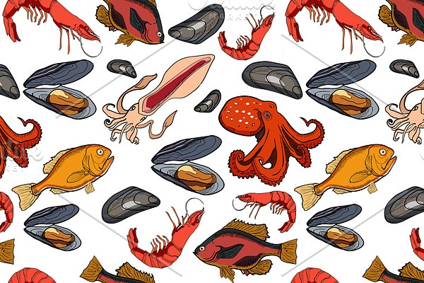 Pattern with set of colored sea food