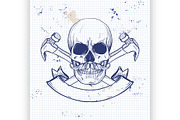 Hand drawn sketch, skull with axes