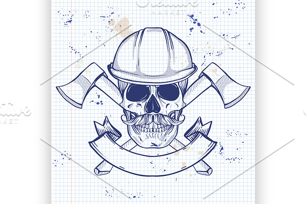 Hand drawn sketch, skull with axes