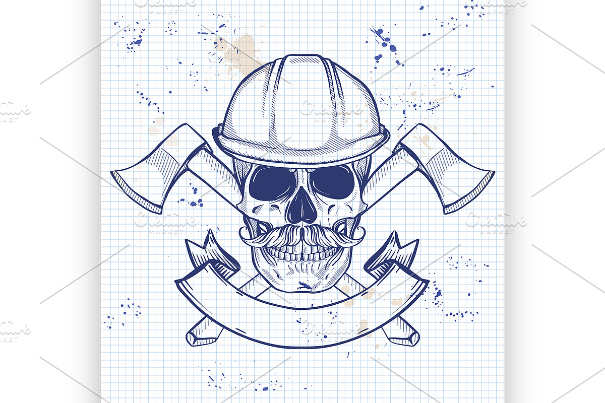 Hand drawn sketch, skull with axes in Illustrations - product preview 8
