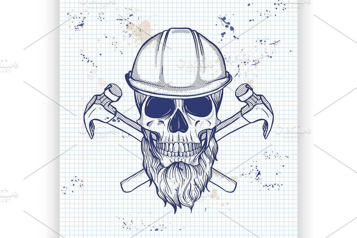 Hand drawn sketch, skull with axes in Illustrations - product preview 8