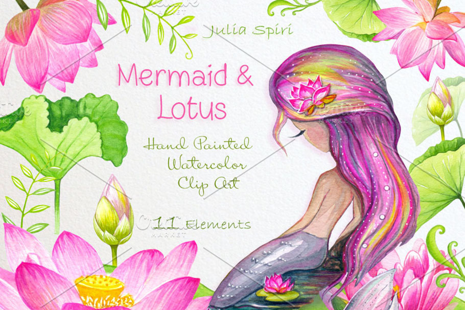 Mermaid & Lotus Watercolor Clip Art