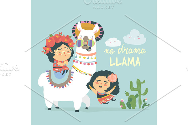 Funny llama alpaka with cute mexican