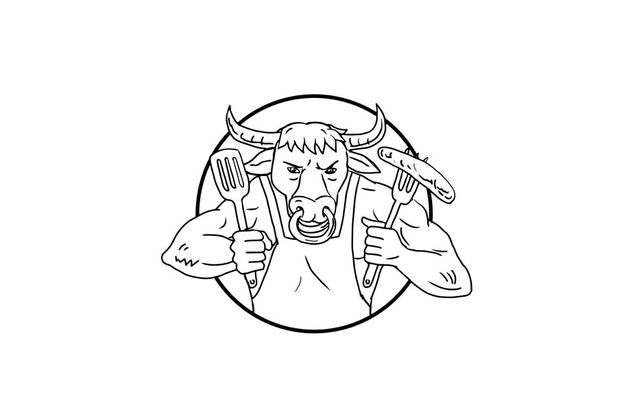 Bull Holding Barbecue Sausage Drawin