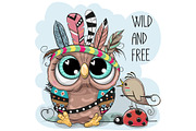 Cute tribal Owl and bird with