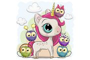 Cute Cartoon Unicorn and five owls