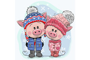 Cute winter illustration Pigs Boy