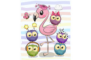 Cute Cartoon Flamingo and five owls