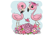 Two Cartoon Flamingos on a blue