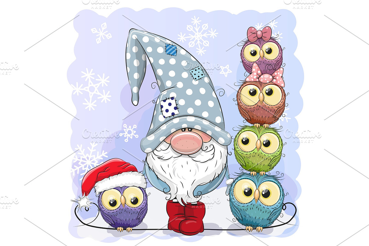 Cute Cartoon Gnome and Owls blue in Objects - product preview 8