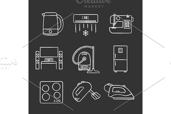 Household appliance chalk icons set