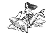Woman riding whale engraving vector