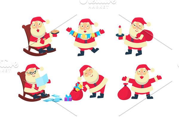 Flat vector set of Santa Claus in