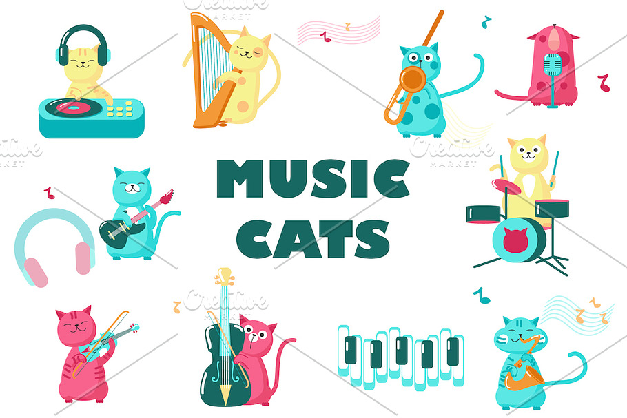 Music cats set and seamless patterns