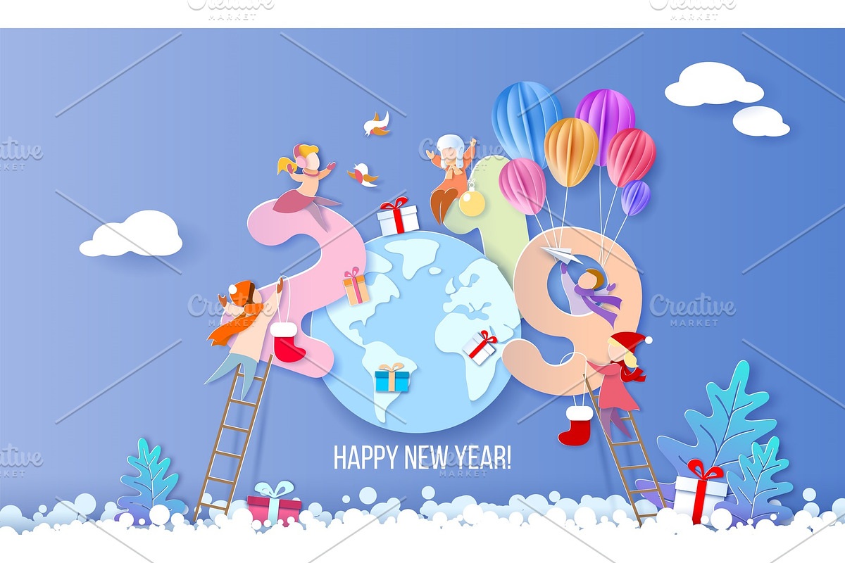 2019 Happy New Year design card with in Illustrations - product preview 8