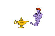 Genie Coming Out of Golden Oil Lamp 